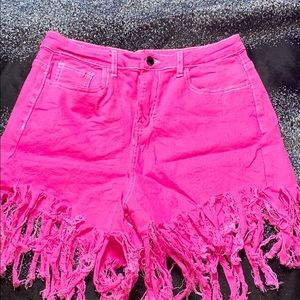Medium High Waist Hot Pink Fringed Shorts